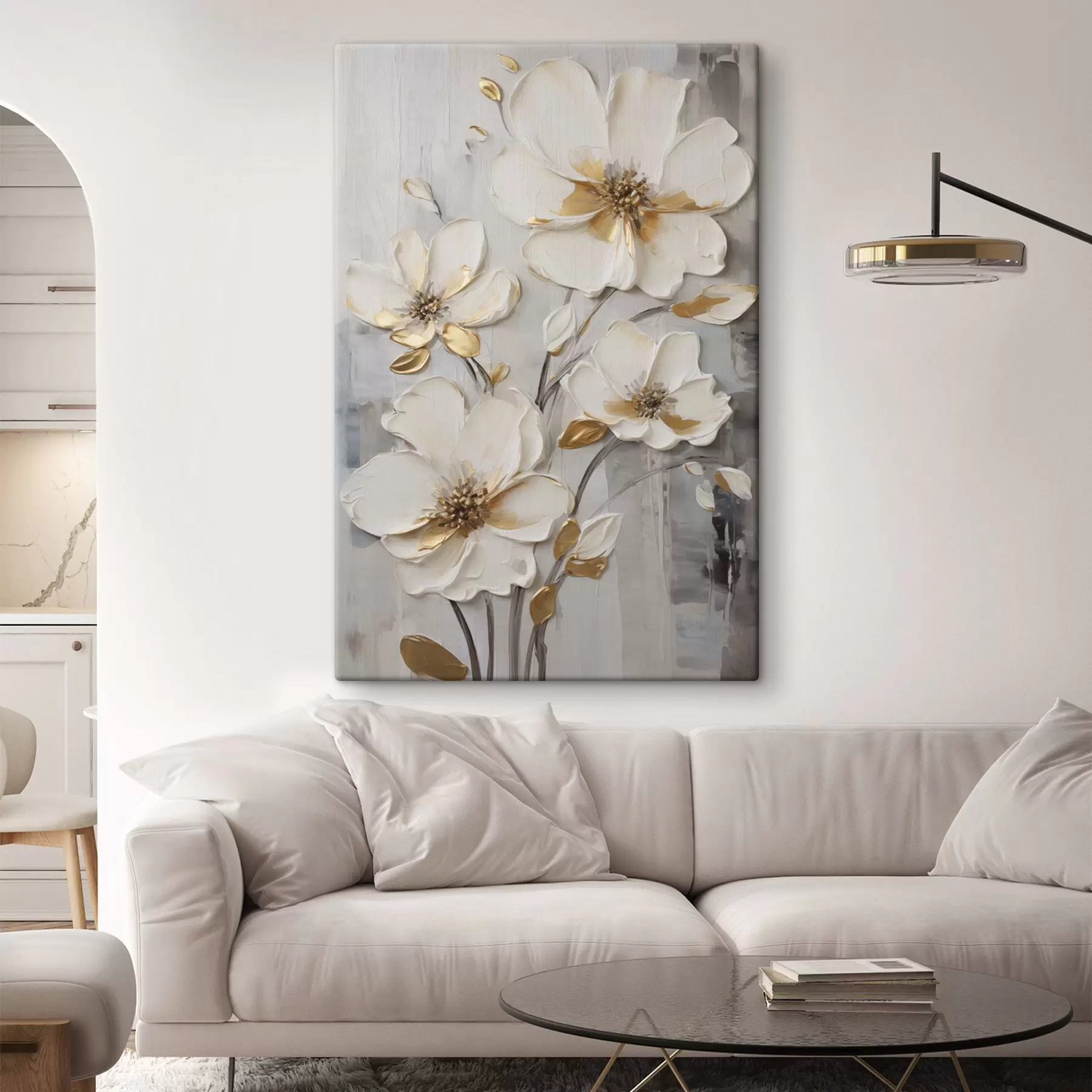Tableau Des fleurs blanches rehaussées de touches jaunes sur un fond texturé s48721
