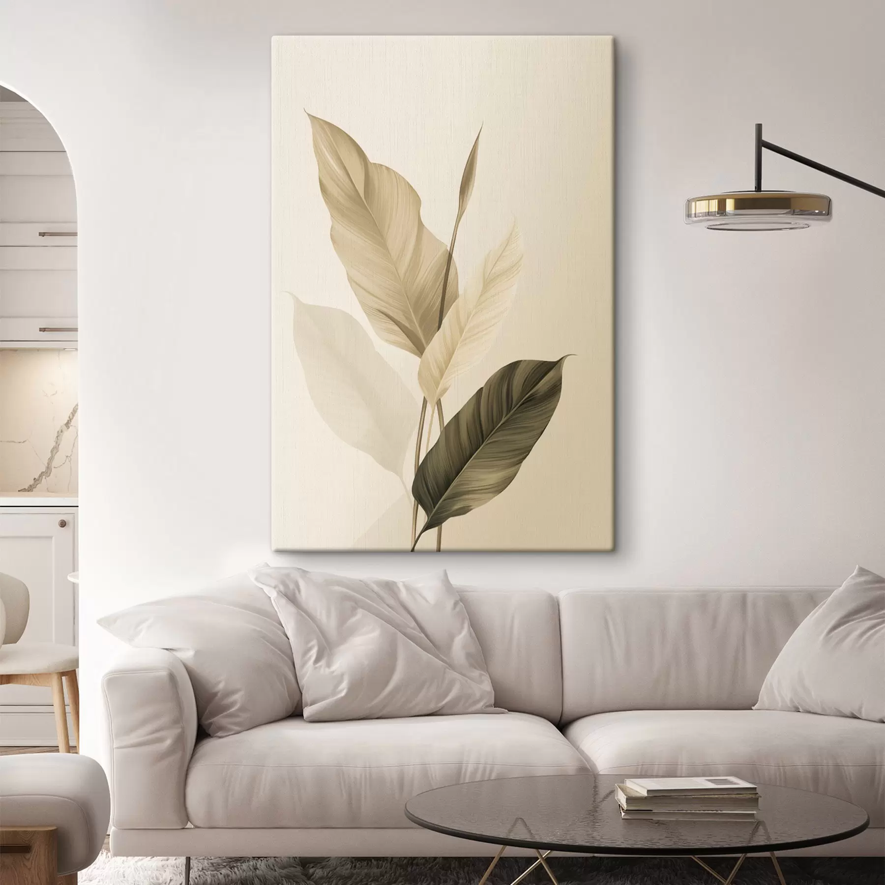 Tableau Grandes feuilles tropicales dans des tons de beige et de marron, sur fond clair s48725