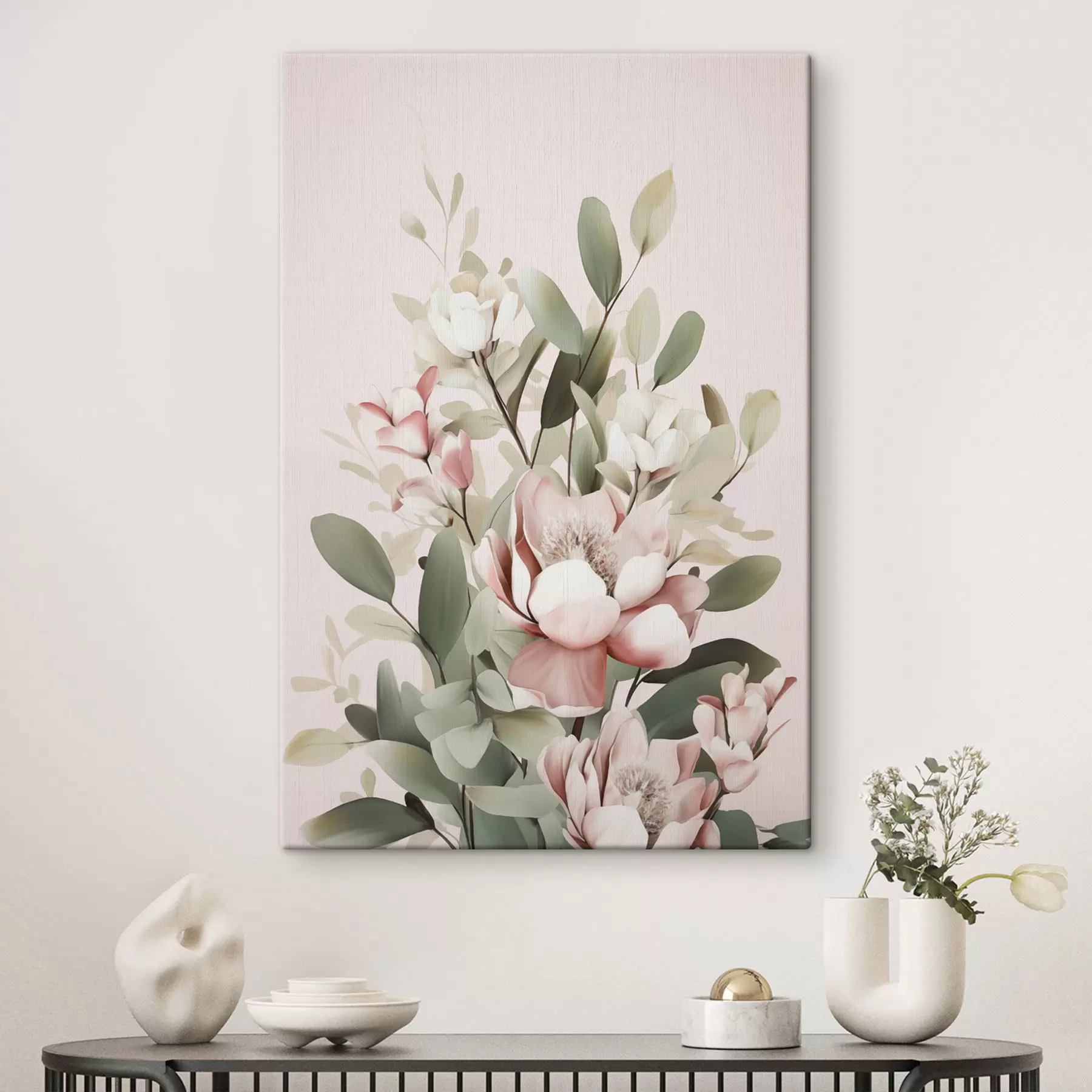 Tableau Un bouquet de fleurs aux couleurs pastel avec des feuilles d'eucalyptus, sur fond rose pâle s48727