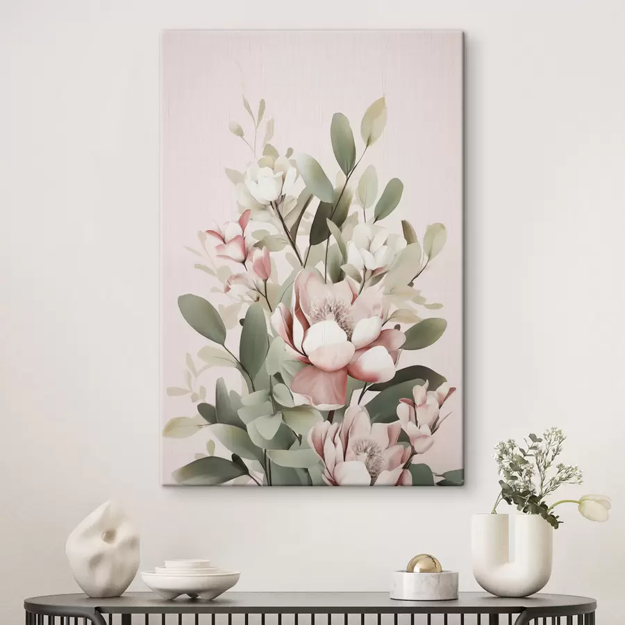 Tableau Un bouquet de fleurs aux couleurs pastel avec des feuilles d'eucalyptus, sur fond rose pâle s48727