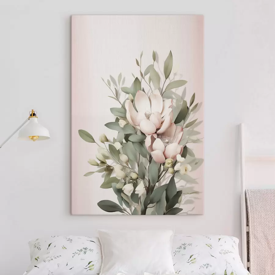 Tableau Un bouquet de fleurs aux couleurs pastel avec des feuilles d'eucalyptus, sur fond rose pâle s48728