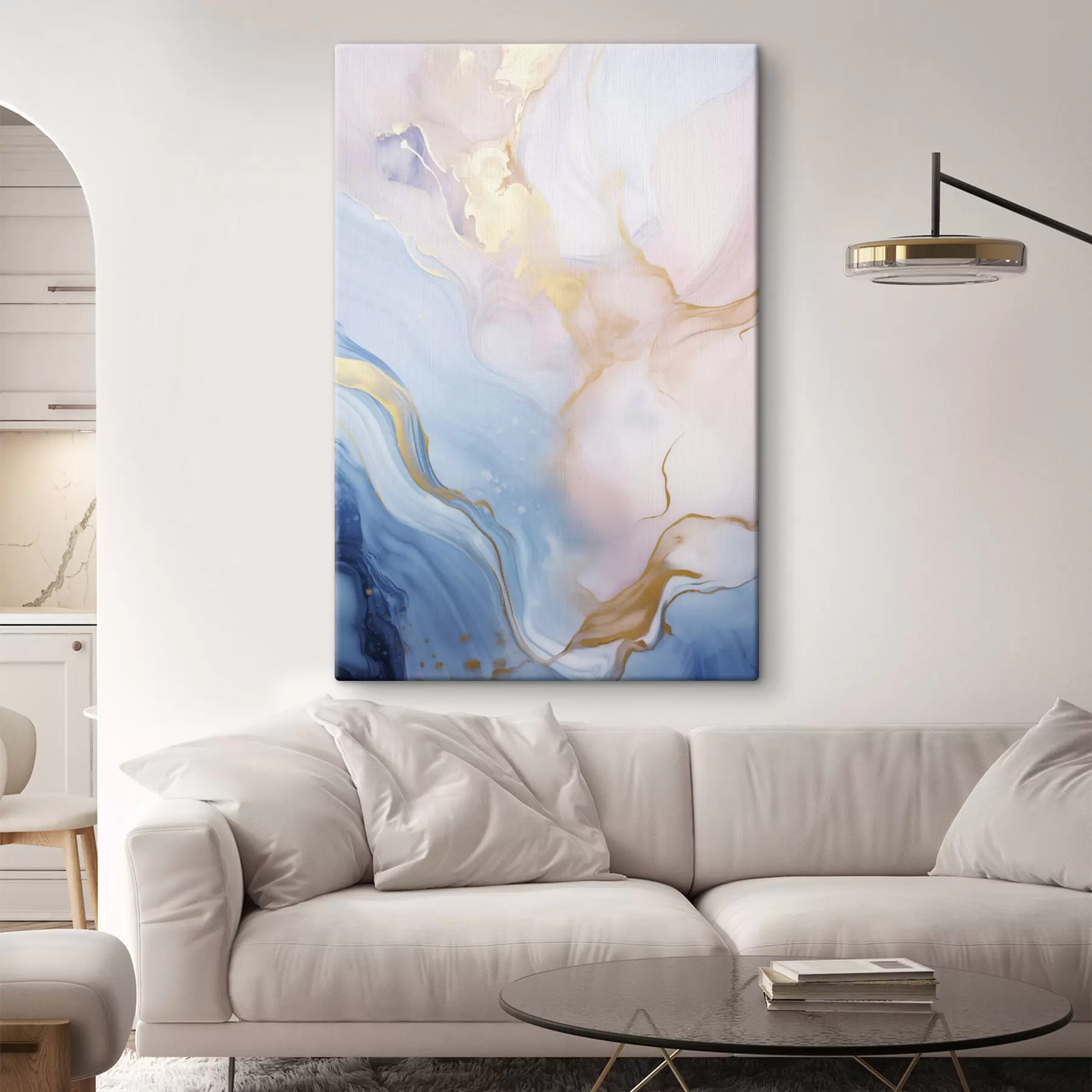 Tableau Œuvre d'art fluide abstraite aux textures variées, avec des motifs tourbillonnants dans des tons roses et bleus s48730