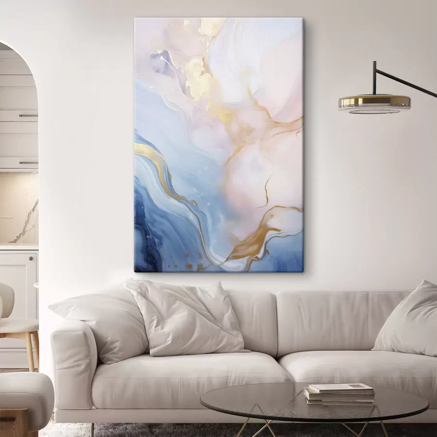 Tableau Œuvre d'art fluide abstraite aux textures variées, avec des motifs tourbillonnants dans des tons roses et bleus s48730