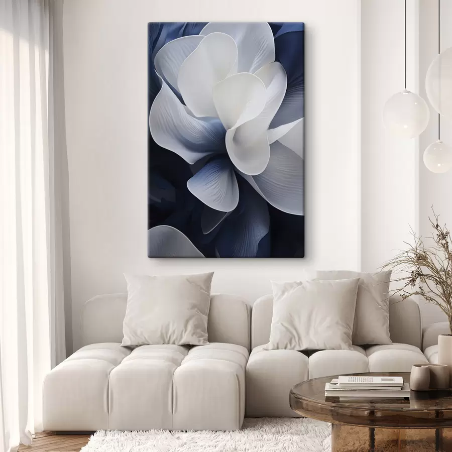 Tableau Pétales de fleurs abstraites bleues et blanches sur fond sombre s48732