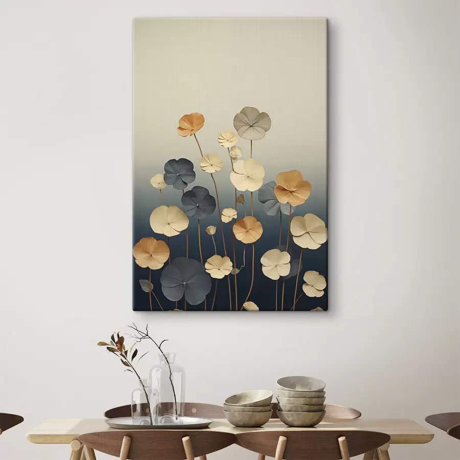 Tableau Des feuilles de nénuphar sur un fond sobre de beige et de bleu foncé s48733