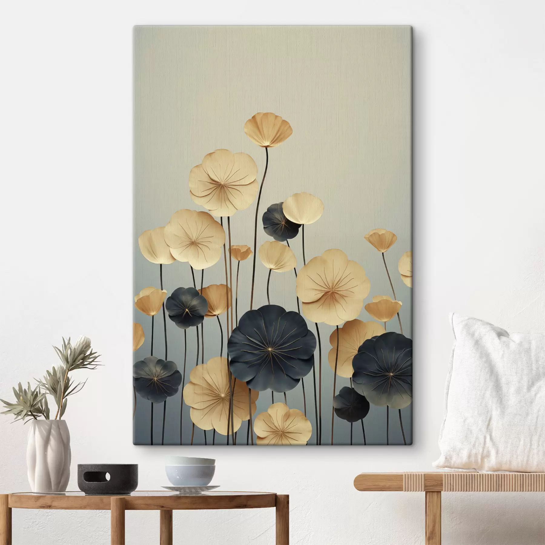 Tableau Des feuilles de nénuphar sur un fond sobre de beige et de bleu foncé s48734