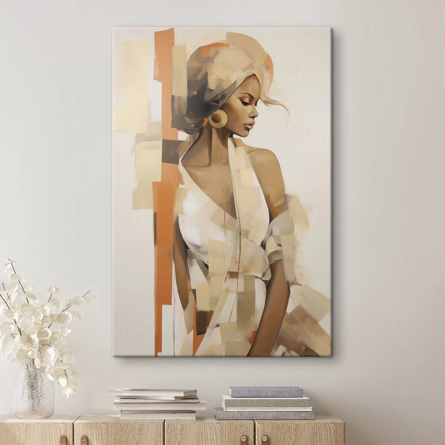 Tableau Portrait abstrait d'une femme avec des formes orange et beiges s48735