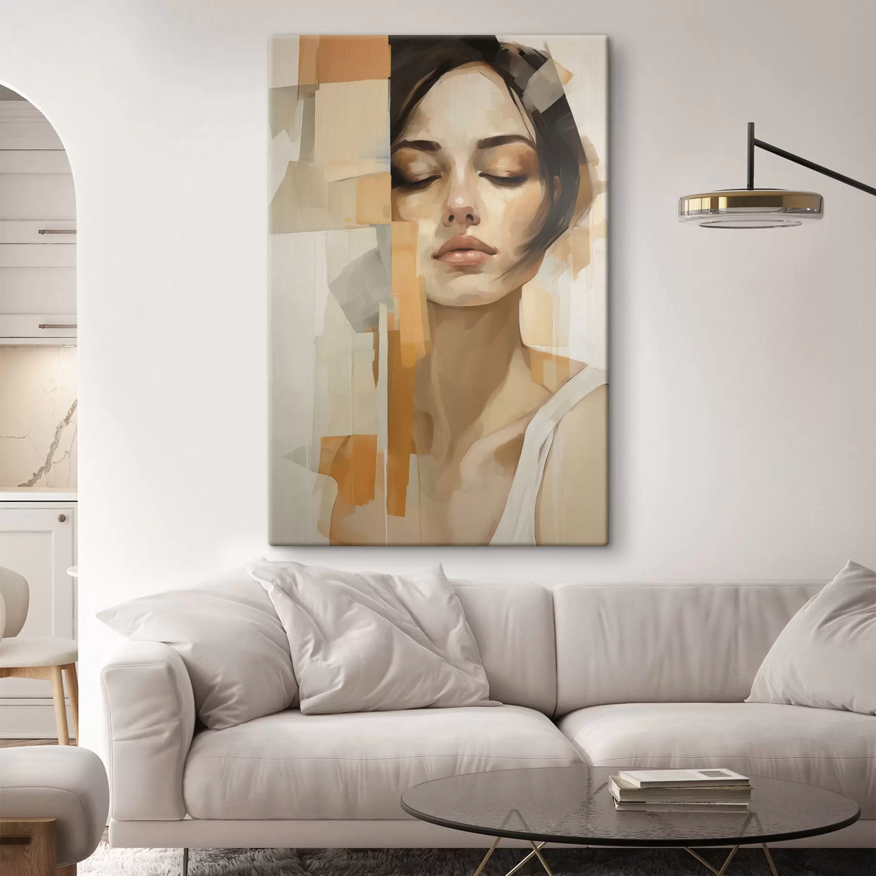 Tableau Portrait abstrait d'une femme avec des formes orange et beiges s48736