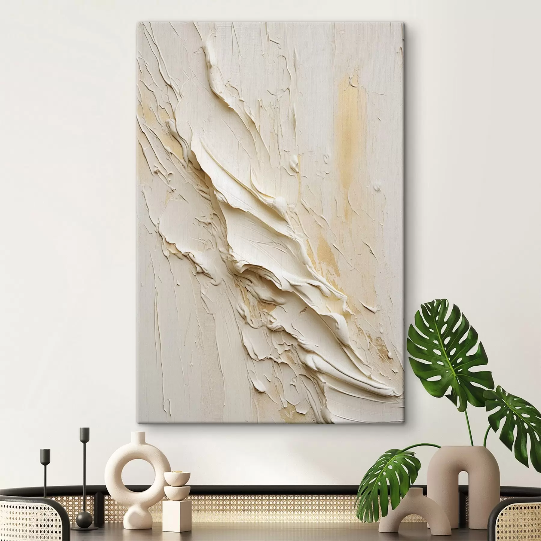Tableau Peinture texturée dans des tons crème et beige, de style abstrait, art minimaliste s48737