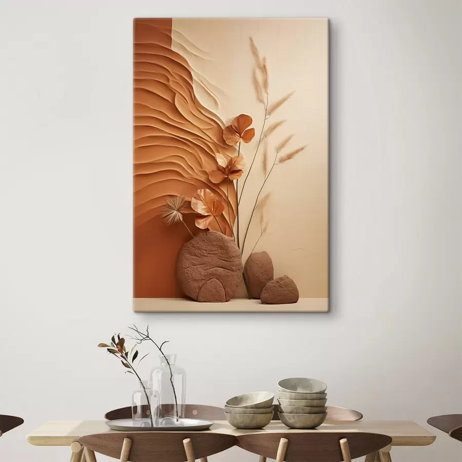 Tableau Une œuvre minimaliste composée de fleurs séchées et d'herbe de la pampa, sur un fond texturé s48739