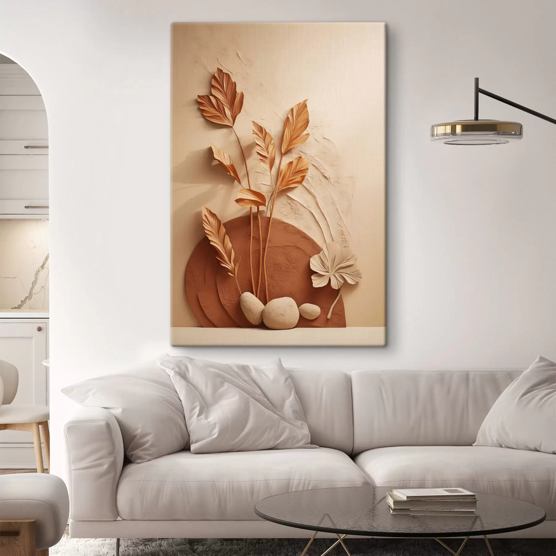 Tableau Une œuvre minimaliste composée de fleurs séchées et d'herbe de la pampa, sur un fond texturé s48740