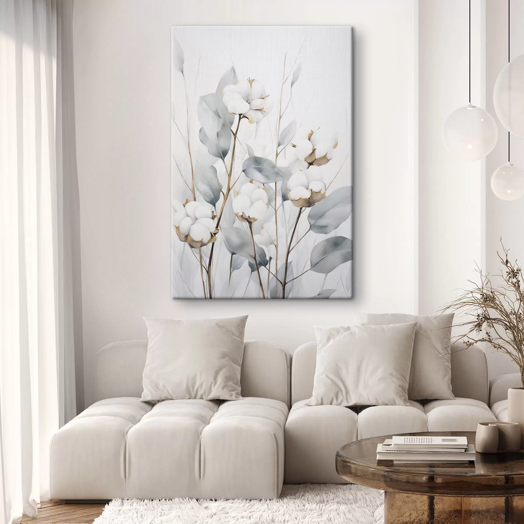 Tableau Un cotonnier blanc aux feuilles bleu-vert pâle sur un fond clair s48743