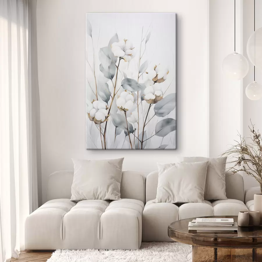 Tableau Un cotonnier blanc aux feuilles bleu-vert pâle sur un fond clair s48743