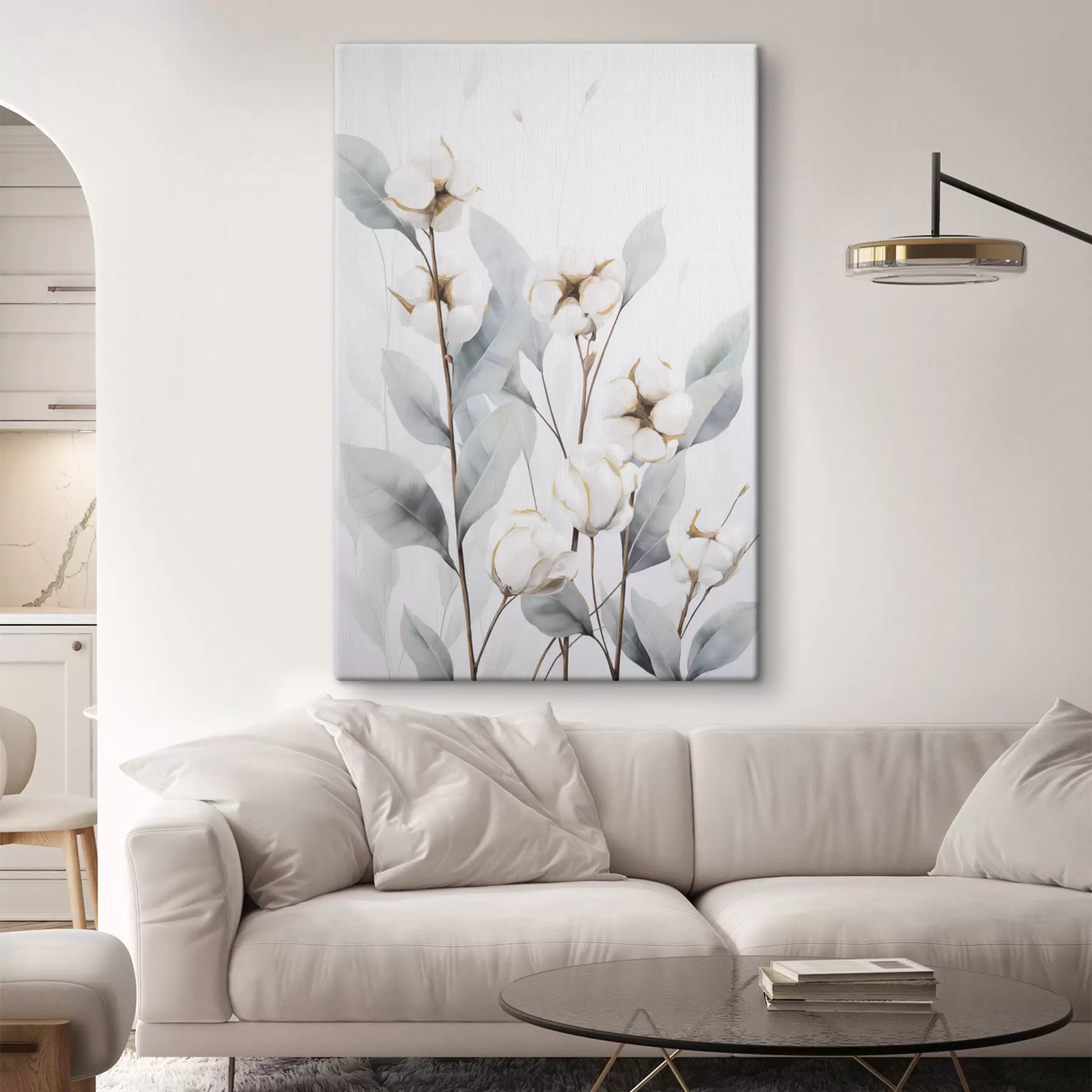 Tableau Un cotonnier blanc aux feuilles bleu-vert pâle sur un fond clair s48744