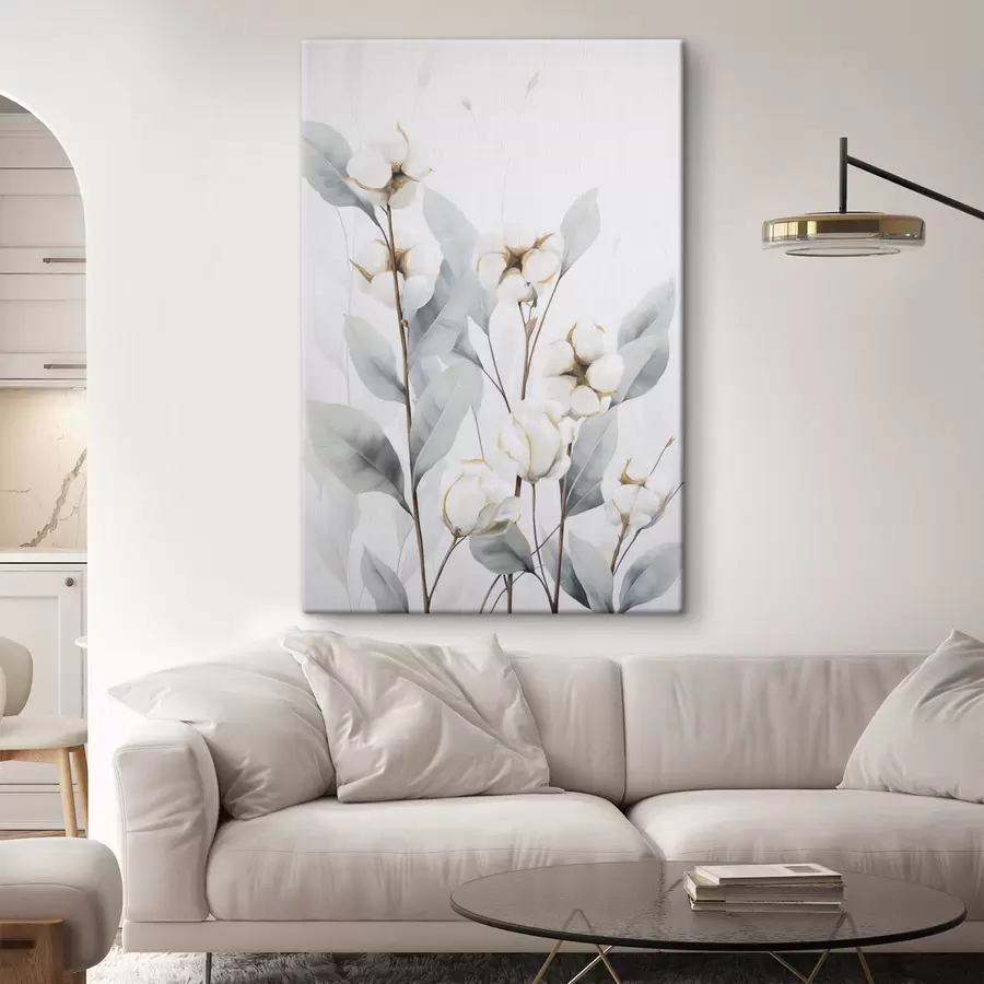 Tableau Un cotonnier blanc aux feuilles bleu-vert pâle sur un fond clair s48744