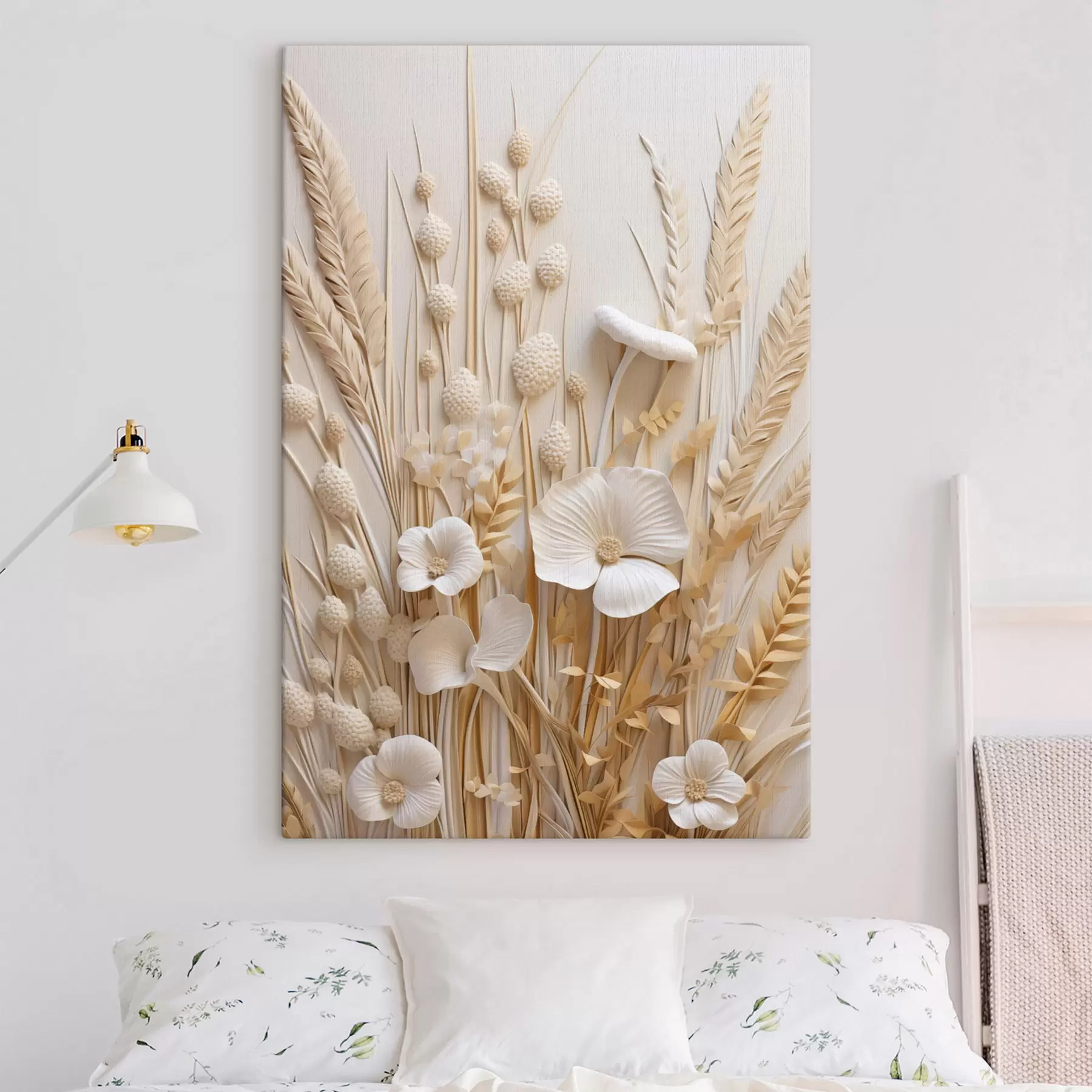 Tableau Un bouquet de coquelicots crème agrémenté de tiges de blé séchées s48748