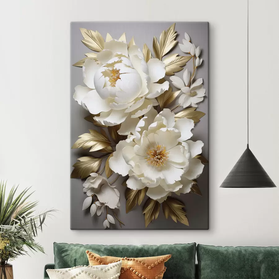 Tableau De grandes pivoines blanches aux feuilles jaunes sur fond gris s48753