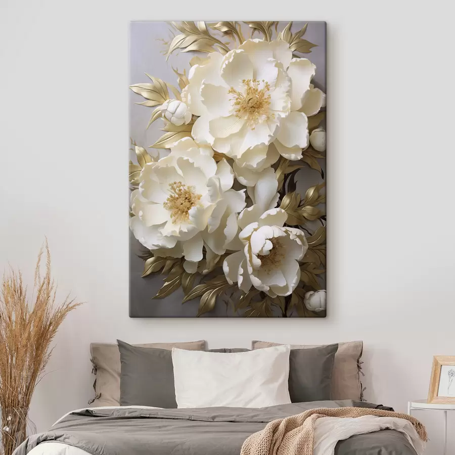 Tableau De grandes pivoines blanches aux feuilles jaunes sur fond gris s48754