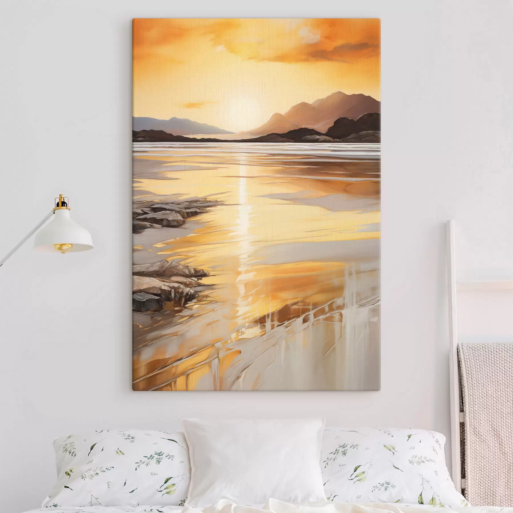 Tableau Un paysage avec une rivière et des montagnes sous un ciel orange aux teintes chaudes, au coucher du soleil s48756