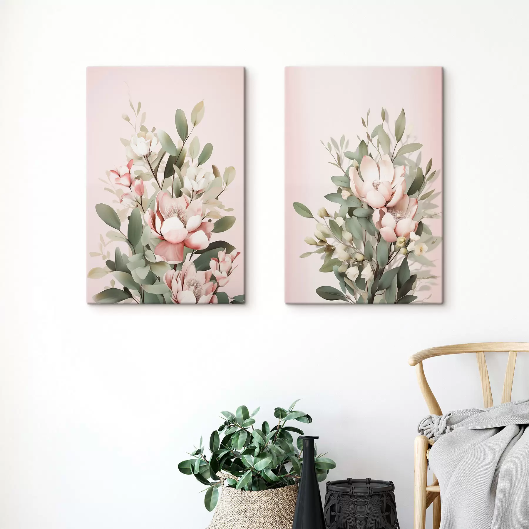 Tableau Un bouquet de fleurs aux couleurs pastel avec des feuilles d'eucalyptus, sur fond rose pâle m30314