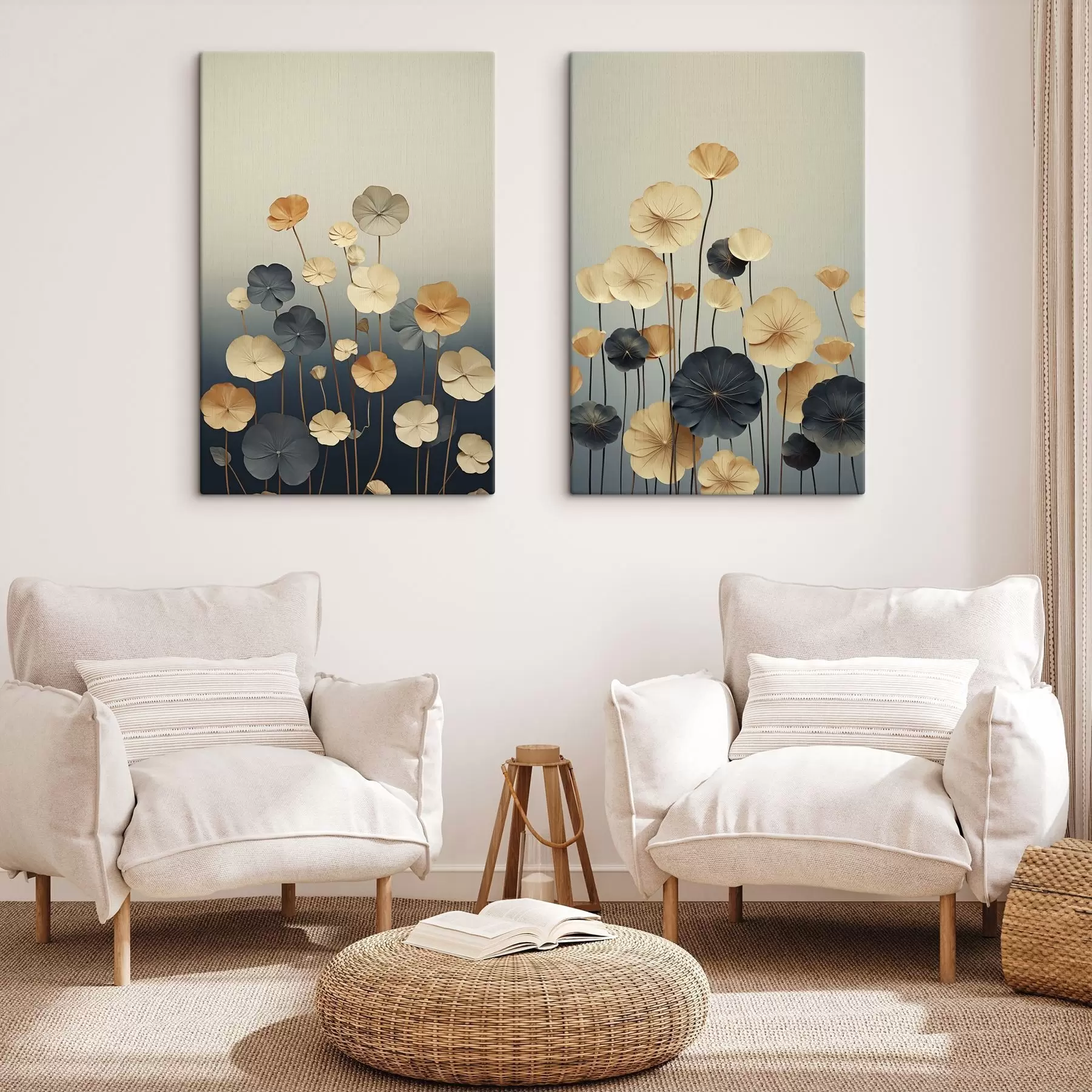 Tableau Des feuilles de nénuphar sur un fond sobre de beige et de bleu foncé m30317