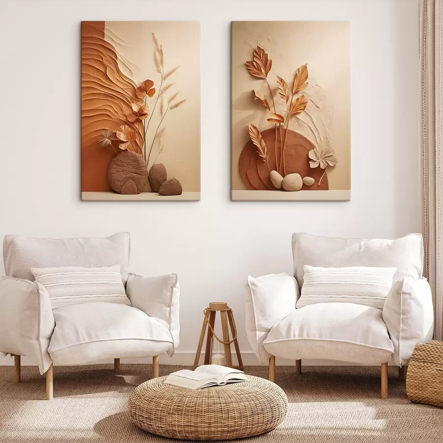 Tableau Une œuvre minimaliste composée de fleurs séchées et d'herbe de la pampa, sur un fond texturé m30320