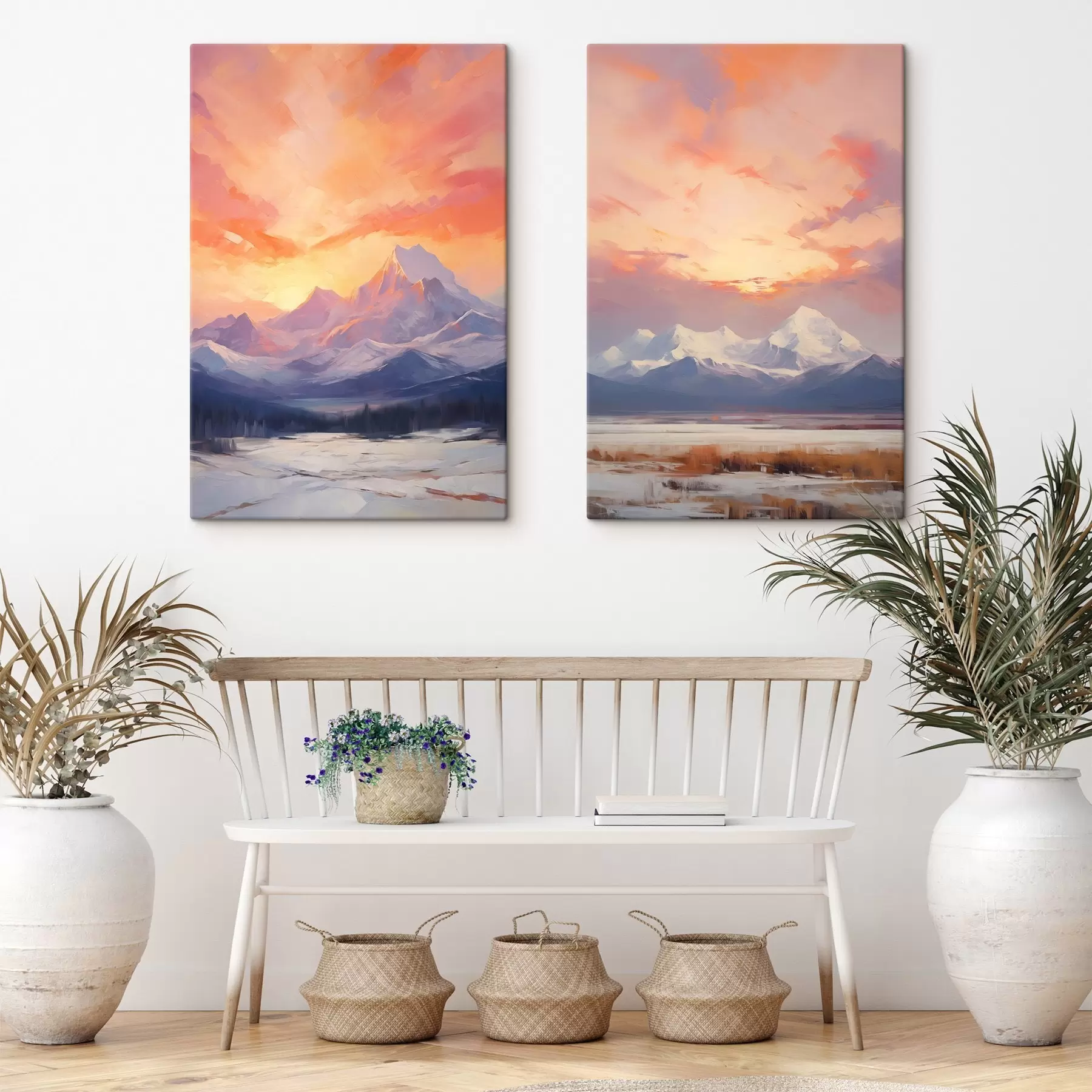 Tableau Des montagnes aux sommets enneigés sous un ciel aux teintes vives d'orange et de rose, parsemé de nuages m30321