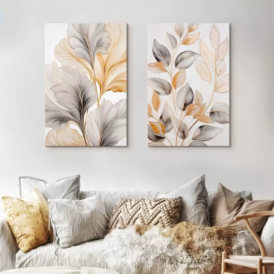 Tableau De grandes feuilles translucides dans des tons de gris et de jaune m30323