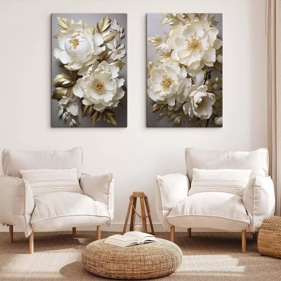Tableau De grandes pivoines blanches aux feuilles jaunes sur fond gris m30327