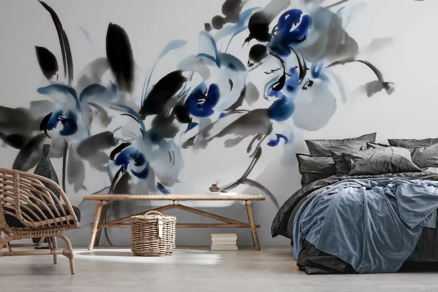 Papier peint De superbes fleurs abstraites dans un style aquarelle oriental, rehaussées de touches de bleu et de noir, avec des orchidées w09797
