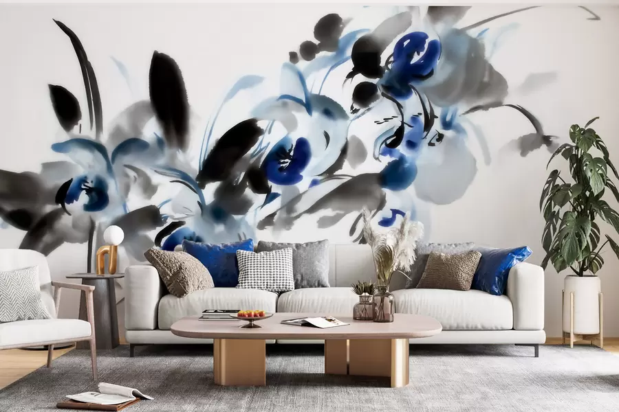 Papier peint De superbes fleurs abstraites dans un style aquarelle oriental, rehaussées de touches de bleu et de noir, avec des orchidées w09797