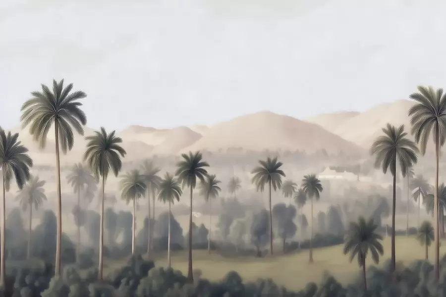 Papier peint Paysage tropical avec des palmiers et des montagnes, panorama vintage dans des tons beiges et verts w09798
