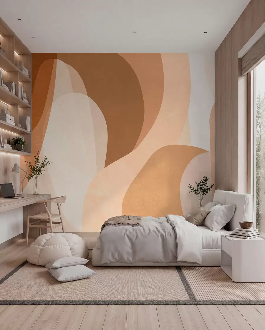 Papier peint des courbes abstraites dans des tons marron, beige et auburn w05387