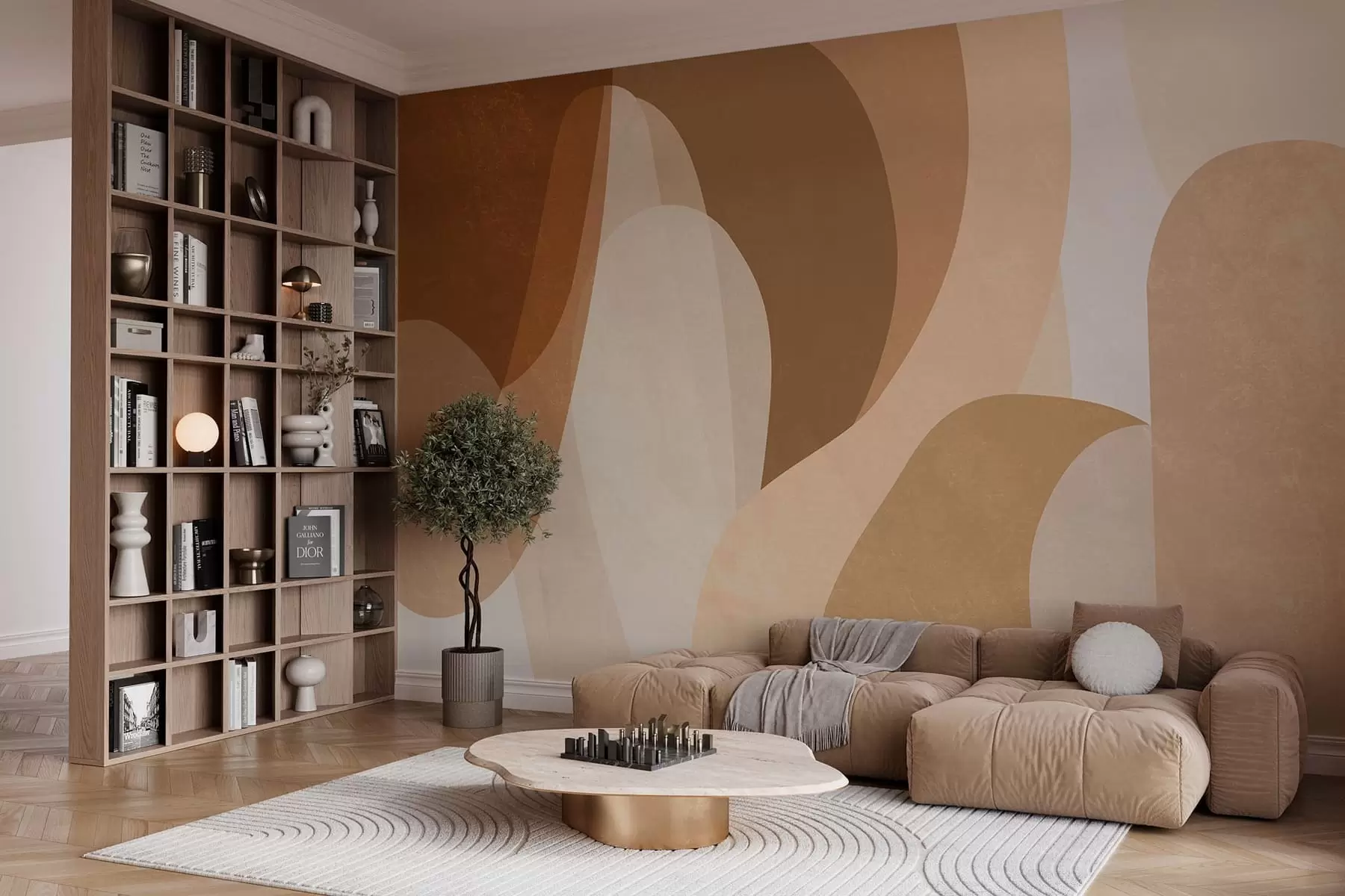 Papier peint des courbes abstraites dans des tons marron, beige et auburn w05387