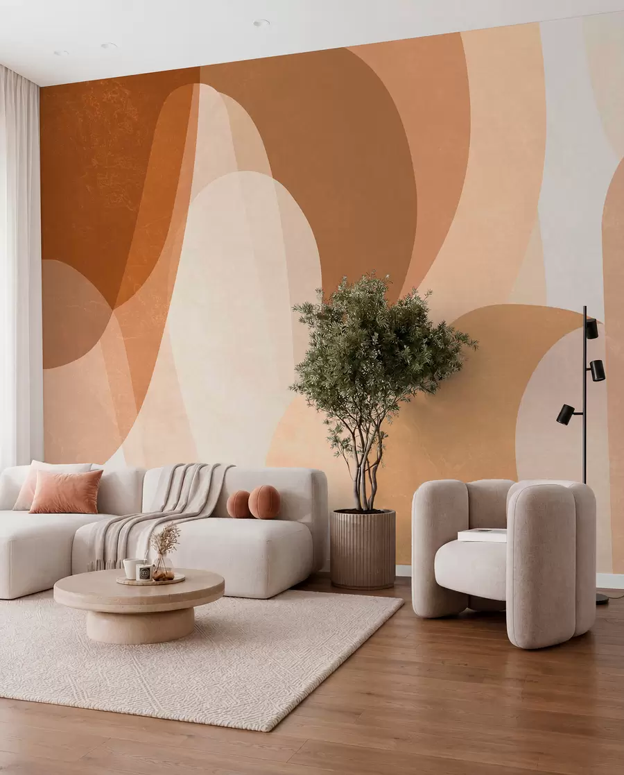 Papier peint des courbes abstraites dans des tons marron, beige et auburn w05387