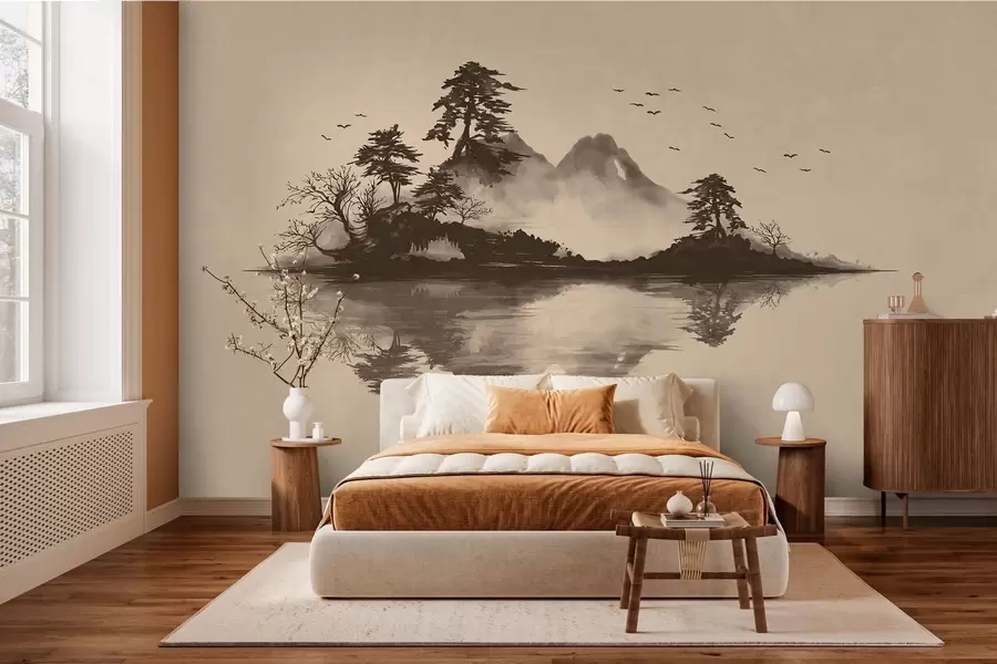 Papier peint Paysage de montagne au sumi-e avec des pins et un reflet w05124