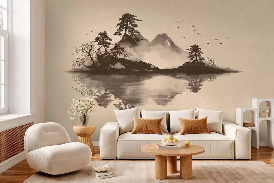 Papier peint Paysage de montagne au sumi-e avec des pins et un reflet w05124