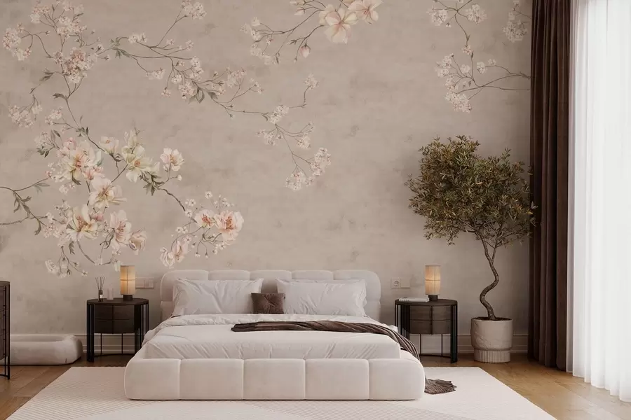 Papier peint Branches fleuries délicates de style chinoiserie sur fond clair w05427