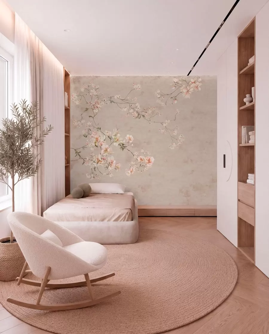 Papier peint Branches fleuries délicates de style chinoiserie sur fond clair w05427