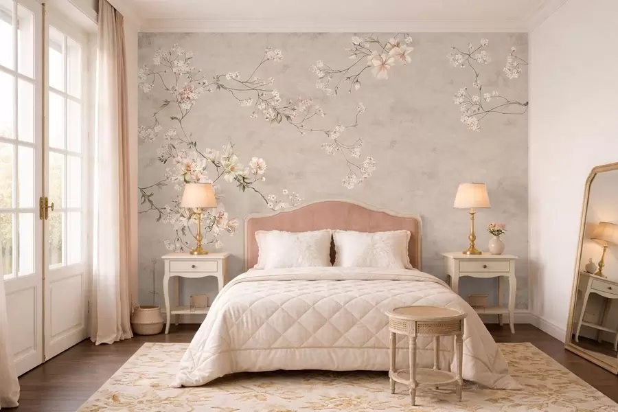 Papier peint Branches fleuries délicates de style chinoiserie sur fond clair w05427