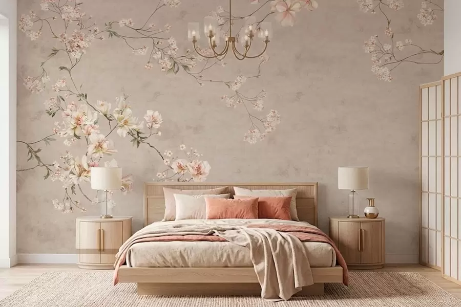 Papier peint Branches fleuries délicates de style chinoiserie sur fond clair w05427