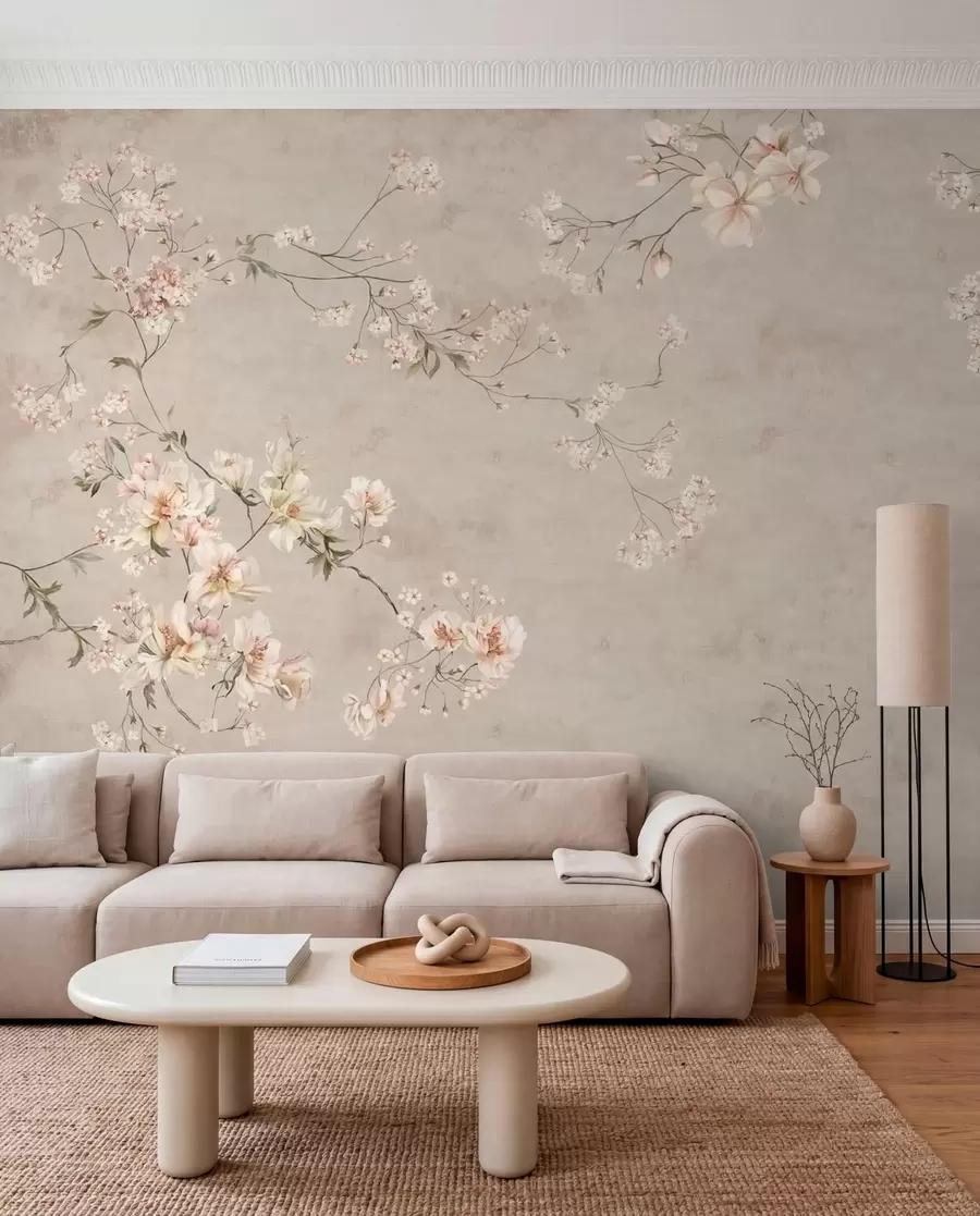 Papier peint Branches fleuries délicates de style chinoiserie sur fond clair w05427