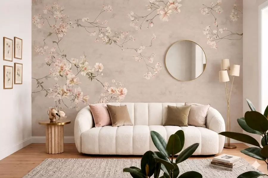Papier peint Branches fleuries délicates de style chinoiserie sur fond clair w05427