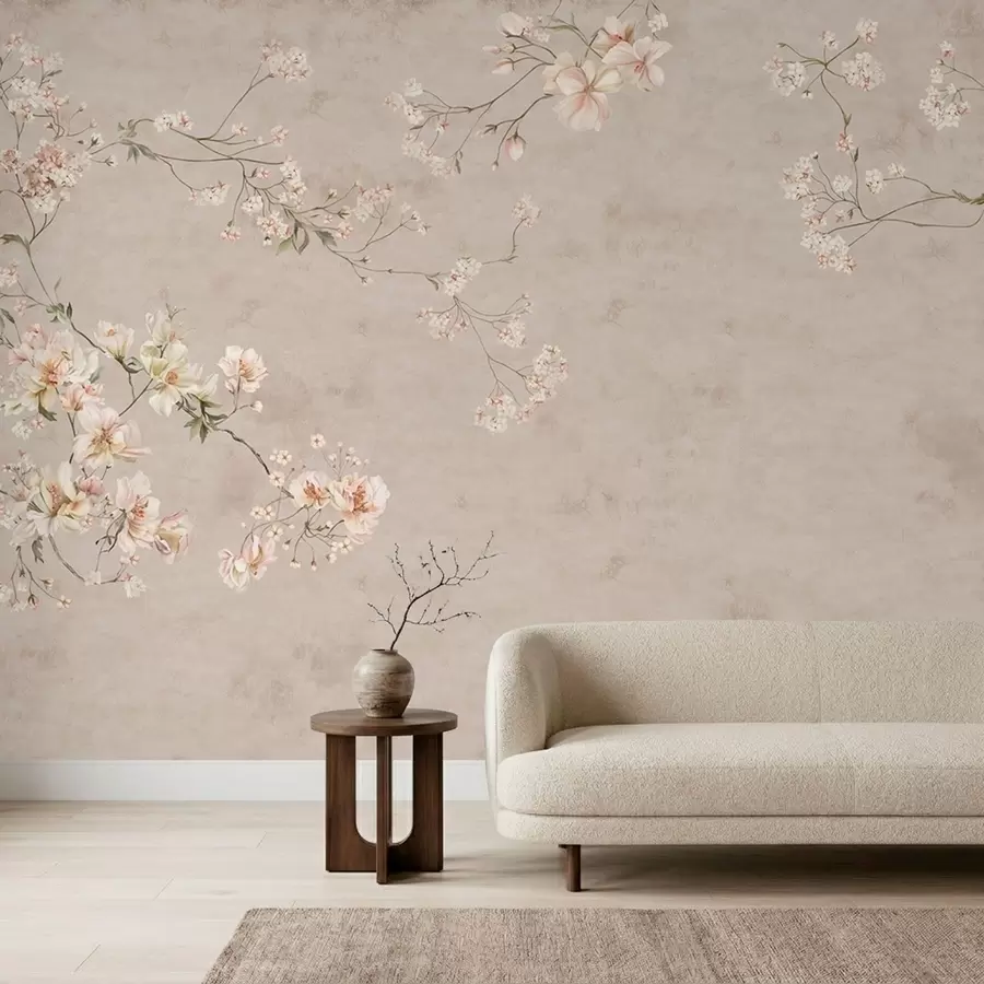Papier peint Branches fleuries délicates de style chinoiserie sur fond clair w05427