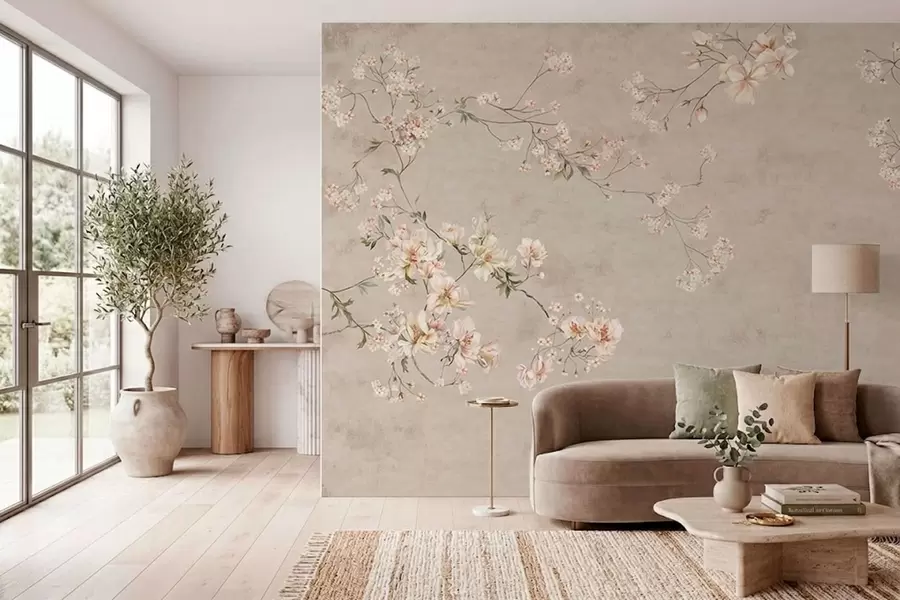 Papier peint Branches fleuries délicates de style chinoiserie sur fond clair w05427