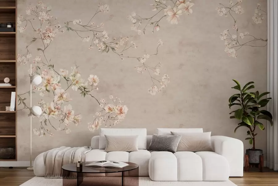 Papier peint Branches fleuries délicates de style chinoiserie sur fond clair w05427