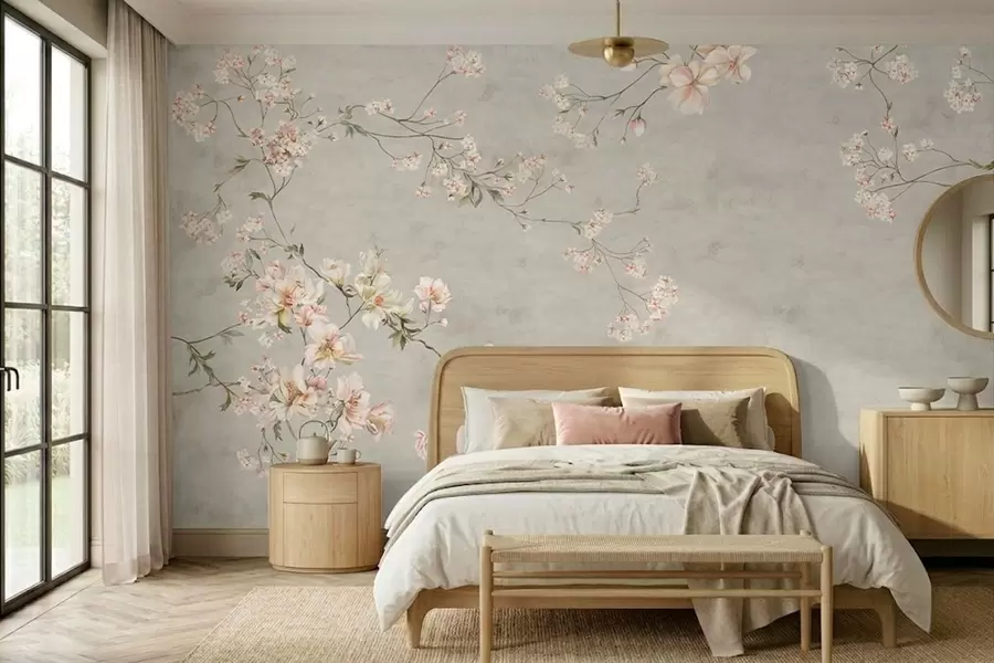 Papier peint Branches fleuries de style chinoiserie sur fond gris w05427v1