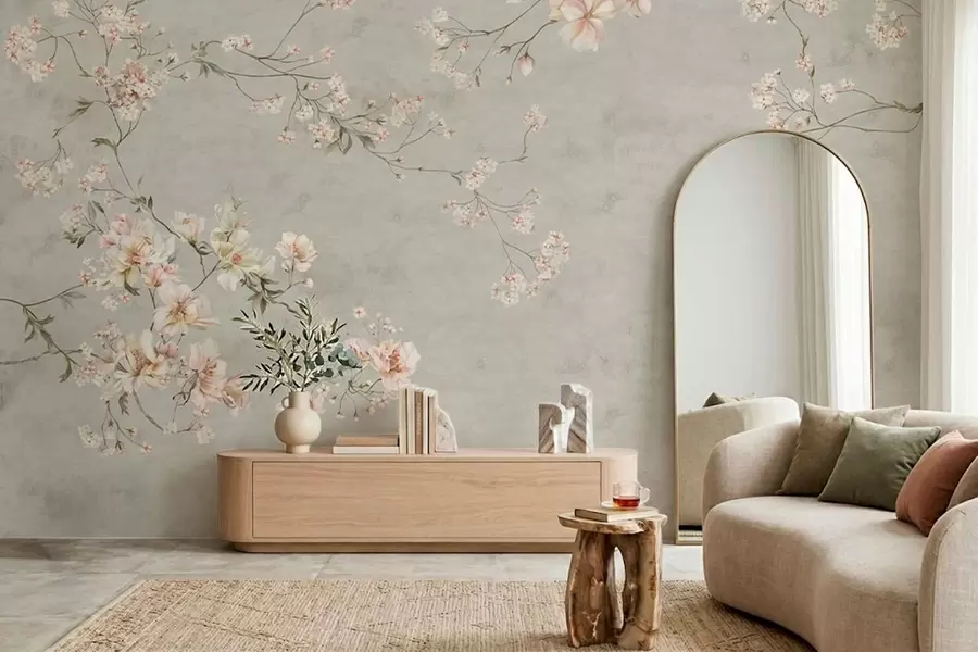 Papier peint Branches fleuries de style chinoiserie sur fond gris w05427v1