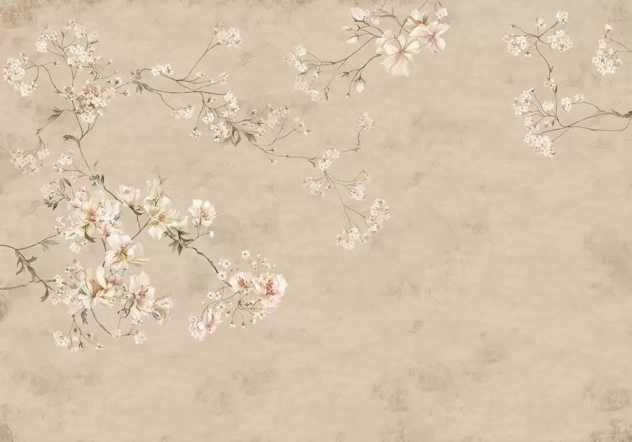 Papier peint Branches florales de style chinoiserie sur fond beige chaud w05427v2