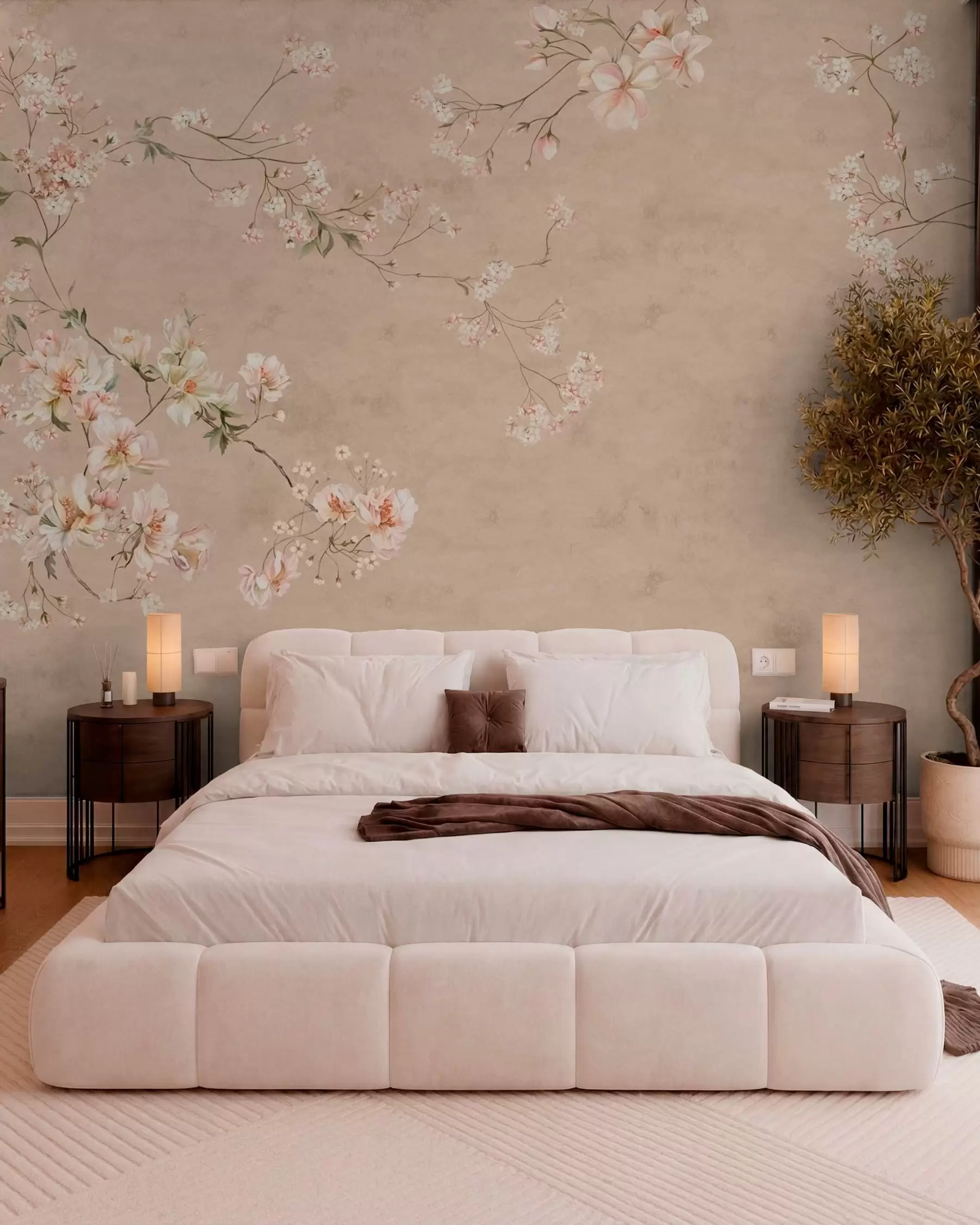 Papier peint Branches florales de style chinoiserie sur fond beige chaud w05427v2